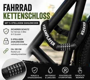 Fahrrad-Kettenschloss mit 5-stelligem Zahlencode ca. 120 cm Robustes Zahlenschloss für Fahrrad, E-Bike & E-Scooter A0008352 Schwarz