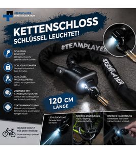 Robusto lucchetto a catena per bici da 120 cm con 2 chiavi (1 con LED) – Meccanismo di chiusura automatica – Rivestimento in tessuto – Nero (A0008346)