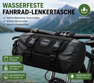Borsa da manubrio impermeabile per bicicletta con cinghie in velcro, volume totale circa 9 litri, A0001919, nera