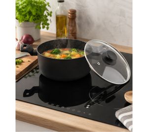 Mini olla de aluminio Accademia Mugnano de 20 cm con tapa de vidrio – Antiadherente – Fabricada en Italia – Negra