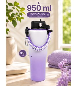 Práctica botella de agua térmica de acero inoxidable de doble pared (950 ml) con pajita, correa de transporte y mosquetón – Morado/Blanco