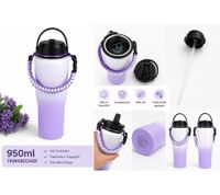 Práctica botella de agua térmica de acero inoxidable de doble pared (950 ml) con pajita, correa de transporte y mosquetón – Morado/Blanco
