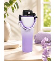 Práctica botella de agua térmica de acero inoxidable de doble pared (950 ml) con pajita, correa de transporte y mosquetón – Morado/Blanco
