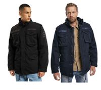 Rugged Brandit M65 Giant Men's Field Jacket (Model B3101) – a cotton transitional jacket with a hood, available in Black or Navy Blue.