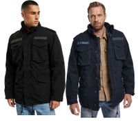 Rugged Brandit M65 Giant Men's Field Jacket (Model B3101) – a cotton transitional jacket with a hood, available in Black or Navy Blue.