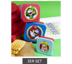 Set of 3 SUPER MARIO lunch boxes featuring detailed SUPER MARIO designs; storage containers in sizes S (300 ml), M (500 ml), and L (800 ml) – Blue/Red
