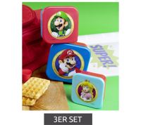 Set of 3 SUPER MARIO lunch boxes featuring detailed SUPER MARIO designs; storage containers in sizes S (300 ml), M (500 ml), and L (800 ml) – Blue/Red