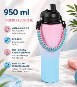 Practical 950ml Stainless Steel Insulated Water Bottle Double-Wall Thermal Tumbler with Straw, Carry Strap & Carabiner Pink/Blue