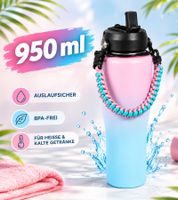 Practical 950ml Stainless Steel Insulated Water Bottle Double-Wall Thermal Tumbler with Straw, Carry Strap & Carabiner Pink/Blue