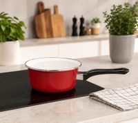 KRÜGER Emaille Stieltopf 16 cm 1,25 Liter Robuste Stielkasserolle mit kratzfester Innenglasur für alle Herdarten inkl. Induktion Bordeaux
