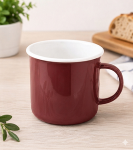 Klassischer KRÜGER Emaille-Becher 350 ml 8 cm Robuster Trinkbecher aus emailliertem Stahl Hitzebeständig Lebensmittelecht Bordeaux/Weiß