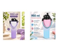 Praktische Edelstahl-Trinkflasche 950 ml Thermobecher doppelwandig Isolierflasche mit Trinkhalm, Trageriemen & Karabiner in Lila/Weiß oder Pink/Blau