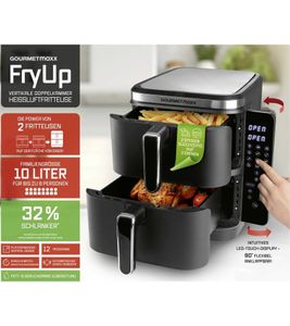 Space-saving GOURMETmaxx 10L Air Fryer with 2 chambers, 12 programs, and a foldable touch display (2800W, Black)