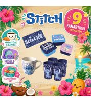 Disney Stitch Gift Box with 9 Fan Items – 4 Drinking Cups, 1 Porcelain Mug, 3 Lunch Boxes & 1 Breakfast Board
