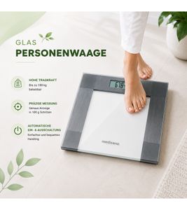 Báscula personal digital de cristal Medisana PS 400: báscula corporal precisa con gran pantalla LCD, cristal de seguridad, función de activación por contacto (step-on) y capacidad de 150 kg (Transparente/Blanco)