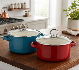Marmite KRÜGER en émail avec couvercle en verre, 16 cm, capacité 1,8 litre, compatible tous feux (y compris induction), coloris bleu pétrole ou rouge bordeaux
