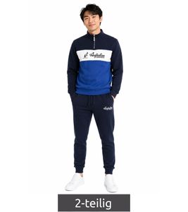 Ensemble loungewear 2 pièces pour homme Australian Homewear : Pull demi-zip en coton et pantalon de jogging avec logo AF69 Bleu foncé/Bleu roi/Blanc