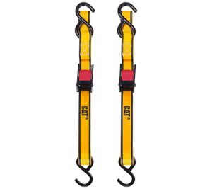 Correas de amarre CATERPILLAR (paquete de 2) de 3 m x 25 mm con hebilla de leva y ganchos en S, tensión de 250 daN. **Producto de segunda mano – Probado y en perfecto estado**. Color amarillo.