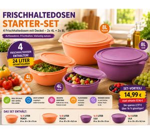 Frischhaltedosen Starter-Set mit 4 Dosen & Deckeln – 2x 4L + 2x 8L Aufbewahrungsschüsseln Peach/Lila
