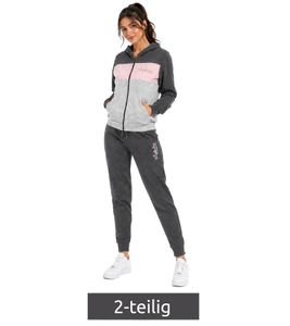 Australian Damen Lounge-Wear-Set 2-teilig Baumwoll Sweat-Jacke & Jogginghose mit Logo-Schriftzug AF42 Anthrazit/Rosa/Grau meliert