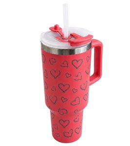 Mug isotherme rose à motifs de cœurs, 1,2 L, avec anse, en acier inoxydable, à double paroi, pour boissons chaudes et froides