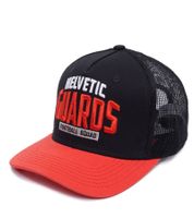 Casquette trucker unisexe Helvetic Guards de la Ligue européenne de football (EUF) avec visière en mesh, coloris noir/rouge, noir/blanc, noir/rouge et noir/blanc.