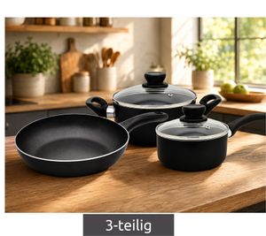 3-piece Krüger cookware set featuring a 24x5 cm frying pan, a 16x7 cm saucepan with lid, and a 20x8 cm pot with lid; non-stick coating **B-stock – inspected & fully functional** Black