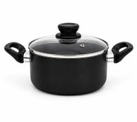 Juego de utensilios de cocina Krüger de 3 piezas: sartén (24 x 5 cm), cacerola con tapa (16 x 7 cm) y olla con tapa (20 x 8 cm) - revestimiento antiadherente. **Producto de segunda mano – probado y en perfecto funcionamiento**. Color negro.