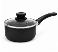 Juego de utensilios de cocina Krüger de 3 piezas: sartén (24 x 5 cm), cacerola con tapa (16 x 7 cm) y olla con tapa (20 x 8 cm) - revestimiento antiadherente. **Producto de segunda mano – probado y en perfecto funcionamiento**. Color negro.