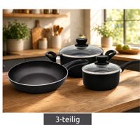 3-piece Krüger cookware set featuring a 24x5 cm frying pan, a 16x7 cm saucepan with lid, and a 20x8 cm pot with lid; non-stick coating **B-stock – inspected & fully functional** Black