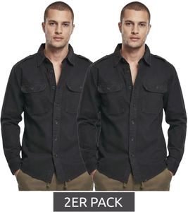 2er Pack klassisches Build Your Brand Vintage Langarm-Hemd Herren Shirt im Used Look Longsleeve B9373 Schwarz