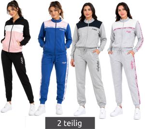 Australian Women's 2-Piece Cotton Loungewear Set (Sweat Jacket & Joggers with Logo Lettering) – Black/White/Pink, Blue/Pink, Grey/Navy Blue, Grey Melange