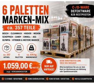 6 Pallets Mixed Brands approx. 357 Items Bosch Cleanmaxx Hoover Medion Scheppach & More C/D Grade Defective Goods B2B Job Lot