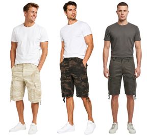 Durable Brandit Vintage Cargo Shorts – military-style cotton Bermuda shorts in Camouflage Beige, Camouflage Green, and Anthracite Grey