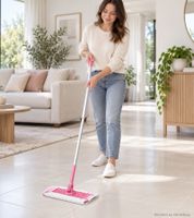 Kit de inicio Swiffer con 1 mopa + 8 toallitas secas y 3 húmedas con cabezal giratorio de 360° **Producto de segunda mano – Probado y en perfecto funcionamiento** 20130689 Rosa