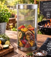 Cesta cilíndrica de acero inoxidable para parrilla con gancho, accesorio para barbacoa, 20 x 9 cm **Producto de segunda mano – Probado y en perfecto estado** Plata