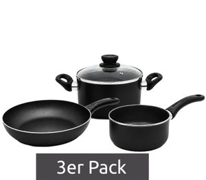 3-piece Krüger cookware set featuring a 24x5 cm frying pan, a 16x7 cm saucepan, and a 20x8 cm pot with lid; non-stick coating **B-stock – inspected & fully functional** Black