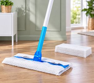 Set de Balai à Plat Manche Pliable avec 8 Lingettes Sèches env. 130cm pour Nettoyage Humide & Sec **Produit de second choix – testé & parfaitement fonctionnel** en Bleu