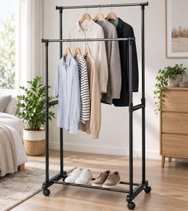 Perchero HEDURA con 2 Barras, Tubos Telescópicos & Ruedas 80 x 90–160 x 43cm **Producto de segunda selección – probado & totalmente funcional** en Negro