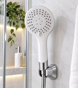 Douchette moderne pommeau de douche avec 5 types de jet et tête ronde env. 12 x 25 cm Produit de second choix – testé Blanc/Chromé