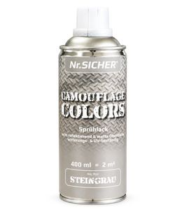 Nr. Sicher CAMOUFLAGE COLORS Sprühlack nicht reflektierend, matt, witterungs- & UV-beständig 400ml für bis zu 2m² **B-Ware – geprüft** in STEINGRAU