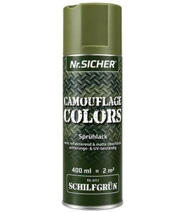 Pintura en aerosol Nr. Sicher CAMOUFLAGE COLORS, no reflectante, mate, resistente a la intemperie y a los rayos UV, 400 ml para hasta 2 m² **Producto de segunda mano – Probado** en verde caña