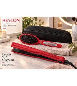 REVLON Hair Straightener with Ceramic Plates incl. Hairbrush & Storage Bag – Red (**B-Stock**)