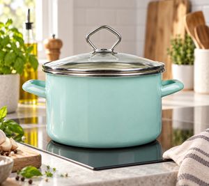 KRÜGER Enamel Pot with Glass Lid 20cm 3,2L, cut- & scratch-resistant inner glaze, suitable for all hob types incl. induction **B-Grade – tested** in Mint Green