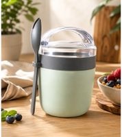 Duo Tableware 2-tier yogurt cup with muesli compartment and matching spoon – 310ml plastic cup (color selected at random)