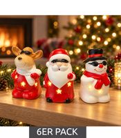 Lot de 6 figurines LED de Noël : Père Noël, renne et bonhomme de neige. Lumière blanche chaude. Trois modèles différents d'environ 10 cm, avec piles de couleurs variées.
