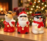 Lot de 6 figurines LED de Noël : Père Noël, renne et bonhomme de neige. Lumière blanche chaude. Trois modèles différents d'environ 10 cm, avec piles de couleurs variées.