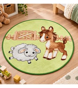 Washable baby best children's rug horse & sheep with charming farm motif – approx. Ø 90 cm – Light Green/Brown/White