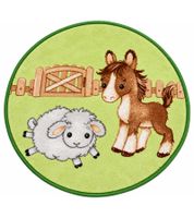 Washable baby best children's rug horse & sheep with charming farm motif – approx. Ø 90 cm – Light Green/Brown/White