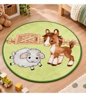 Washable baby best children's rug horse & sheep with charming farm motif – approx. Ø 90 cm – Light Green/Brown/White